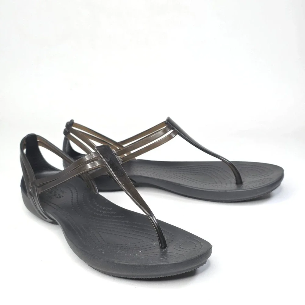 Crocs Isabella T-Strap Sandals Black Strappy Jelly Flat Slip On Shoes Women's 7